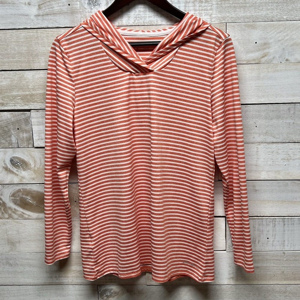 Eddie Bauer Hoodie Top Womens Large Orange White Stripe Pullover Long Sleeve